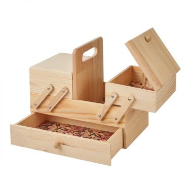 <strong>Small Wooden Cantilever Sewing Box</strong> <span>Light Pine/Ditsy Floral Design Interior, 29x24x17cm, 3 Tier Storage and Organiser Box with Compartments for Sewing Supplies, Accessories, Thread, Needles, etc</span> <em>Sewing Online LW5188</em>