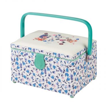 <strong>Medium Sewing Box</strong> <span>Blue Floral Fabric with a Sewing Notions Aplique Lid, 26x18x15cm, Storage and Organiser Basket with Compartments for Sewing Supplies, Accessories, Thread, Needles, Scissors</span> <em>Sewing Online GA1116M</em>