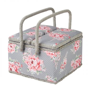 <strong>Extra Large Twin Lid Sewing Box</strong> <span>Grey and Pink Floral Print Fabric, 25 x 25 x 17cm, Storage and Organiser Basket with Compartments for Sewing Supplies, Accessories, Thread, Needles, Scissors</span> <em>Sewing Online MRLTLE-190</em>