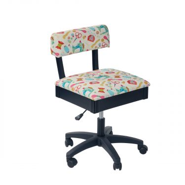 <strong>Hydraulic Sewing Chair with Underseat Storage</strong> <span>White/Multicolour Notions Design/Black Wooden Base, Lumbar Support, Lift Mechanism, 5 Star, 360deg, Swivel Base on Casters. Sewing Room/Home Office</span> <em>Sewing Online HT2017</em>