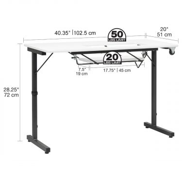 <strong>Folding Sewing Table</strong> <span>White Top with Black Legs, Sewing Machine Table with Adjustable Platform, Folding Legs for Easy Storage and Transport Wheels, Quilting/Craft Table/Gaming/Computer Desk</span> <em>Sewing Online 13399</em>