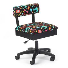 Hydraulic Sewing Chair with Underseat Storage Black/Multicolour Notions Design/Black Wooden Base, Lumbar Support, Lift Mechanism, 5 Star, 360deg, Swivel Base on Casters. Sewing Room/Home Office Sewing Online HT2014