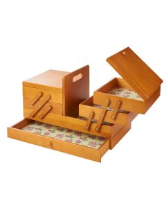 Large Wooden Cantilever Sewing Box Stained Wood with Rosebud Design Interior, 45x28x23cm, 4 Tier Storage Organiser Box with Compartments for Sewing Supplies, Accessories, Thread, Needles, etc Sewing Online LW5191