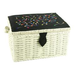 Medium Sewing Basket Cream with Black Pins Print Lid | 26 x 19 x 15cm | Storage and Organiser Box with Compartments for Sewing Supplies, Accessories, Thread, Needles and Scissors Sewing Online FM-014