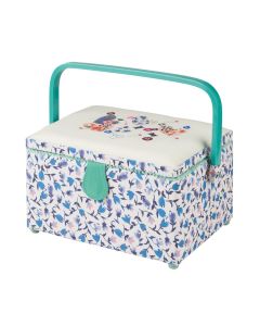 Medium Sewing Box Blue Floral Fabric with a Sewing Notions Aplique Lid, 26x18x15cm, Storage and Organiser Basket with Compartments for Sewing Supplies, Accessories, Thread, Needles, Scissors Sewing Online GA1116M