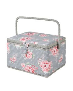 Large Sewing Box Grey and Pink Floral Print Fabric | 31 x 23 x 20cm | Storage and Organiser Basket with Compartments for Sewing Supplies, Accessories, Thread, Needles and Scissors Sewing Online MRL-190