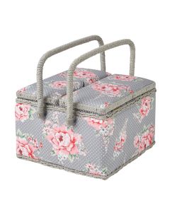 Extra Large Twin Lid Sewing Box Grey and Pink Floral Print Fabric, 25 x 25 x 17cm, Storage and Organiser Basket with Compartments for Sewing Supplies, Accessories, Thread, Needles, Scissors Sewing Online MRLTLE-190