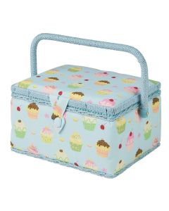 Medium Sewing Box Blue Cupcakes Print Fabric | 26 x 18 x 15cm | Storage and Organiser Basket with Compartments for Sewing Supplies, Accessories, Thread, Needles and Scissors Sewing Online MRM-18
