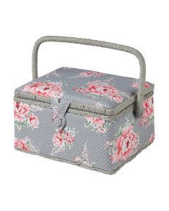 Medium Sewing Box Grey and Pink Floral Print Fabric | 26 x 18 x 15cm | Storage and Organiser Basket with Compartments for Sewing Supplies, Accessories, Thread, Needles and Scissors Sewing Online MRM-190