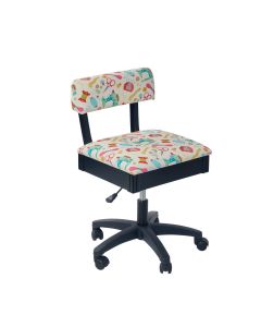 Hydraulic Sewing Chair with Underseat Storage White/Multicolour Notions Design/Black Wooden Base, Lumbar Support, Lift Mechanism, 5 Star, 360deg, Swivel Base on Casters. Sewing Room/Home Office Sewing Online HT2017