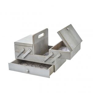 Medium Wooden Cantilever Sewing Box Grey with Lace inspired Design Interior, 31x24x23cm, 3 Tier Storage and Organiser Box with Compartments for Sewing Supplies, Accessories, Thread, Needles, etc Sewing Online LW5189