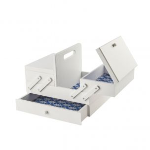 Medium Wooden Cantilever Sewing Box White with Geometric Design Interior, 31x24x23cm, 3 Tier Storage and Organiser Box with Compartments for Sewing Supplies, Accessories, Thread, Needles, etc Sewing Online LW5190