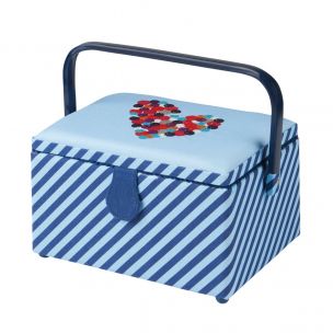 Medium Sewing Box Blue Fabric with an Embroidered Button Heart Lid | 26 x 18 x 15cm | Storage and Organiser Basket with Compartments for Sewing Supplies, Accessories, Thread, Needles, Scissors Sewing Online GA1112M